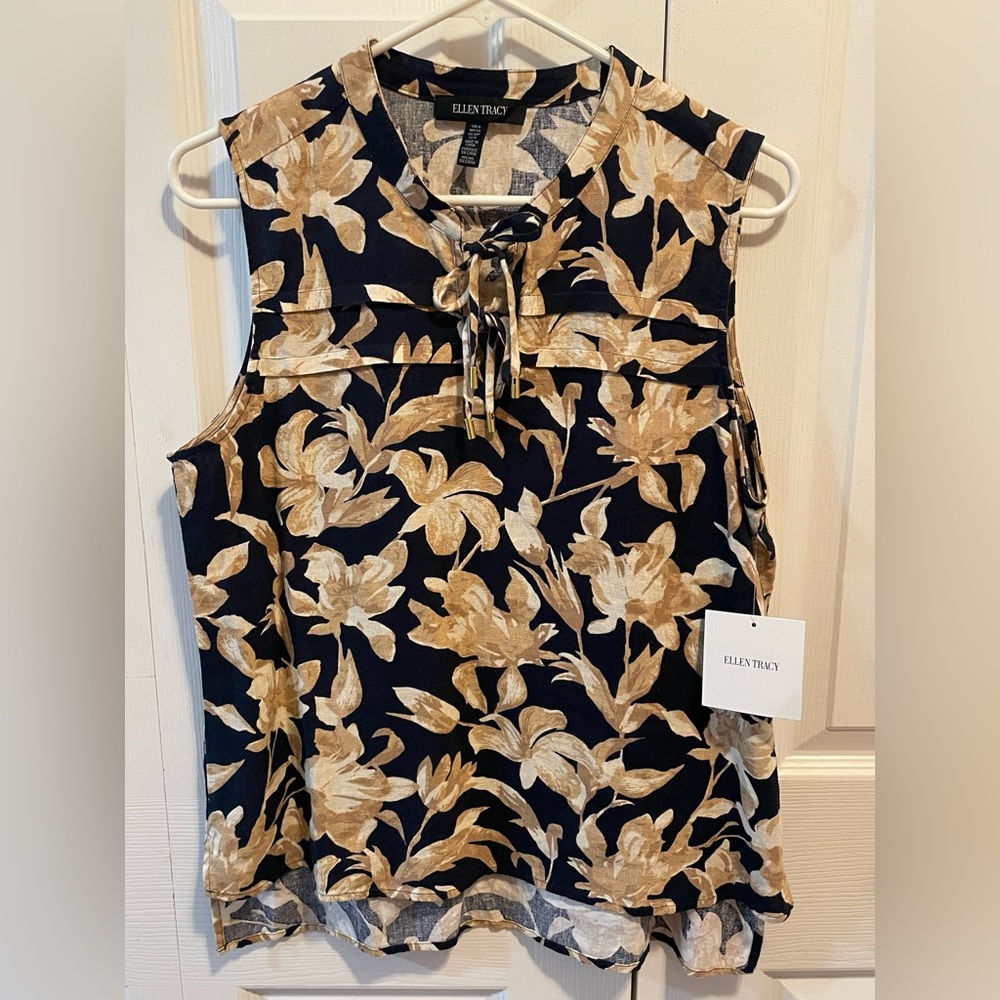Ellen Tracy Linen & Viscose Sleeveless top Navy and Brown Floral Ties laces nwt